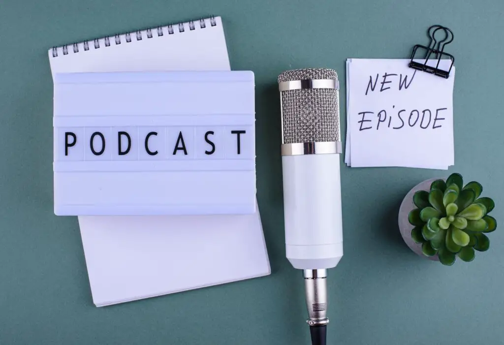 An image of Podcast new episode concept with microphone.