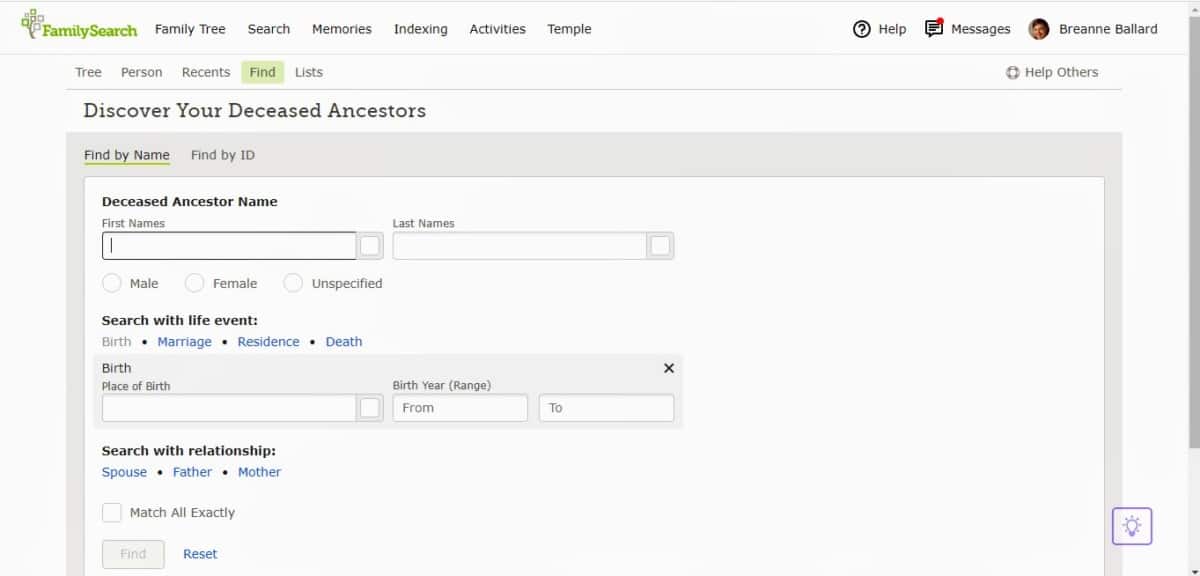 An image of a screenshot of the search engine FamilySearch where you can look and see if a specific person has had their temple work done.
