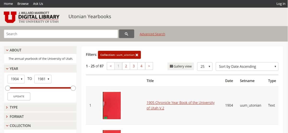 An image of a search result - Utonion Yearbooks from the University of Utah (Marriott Library).