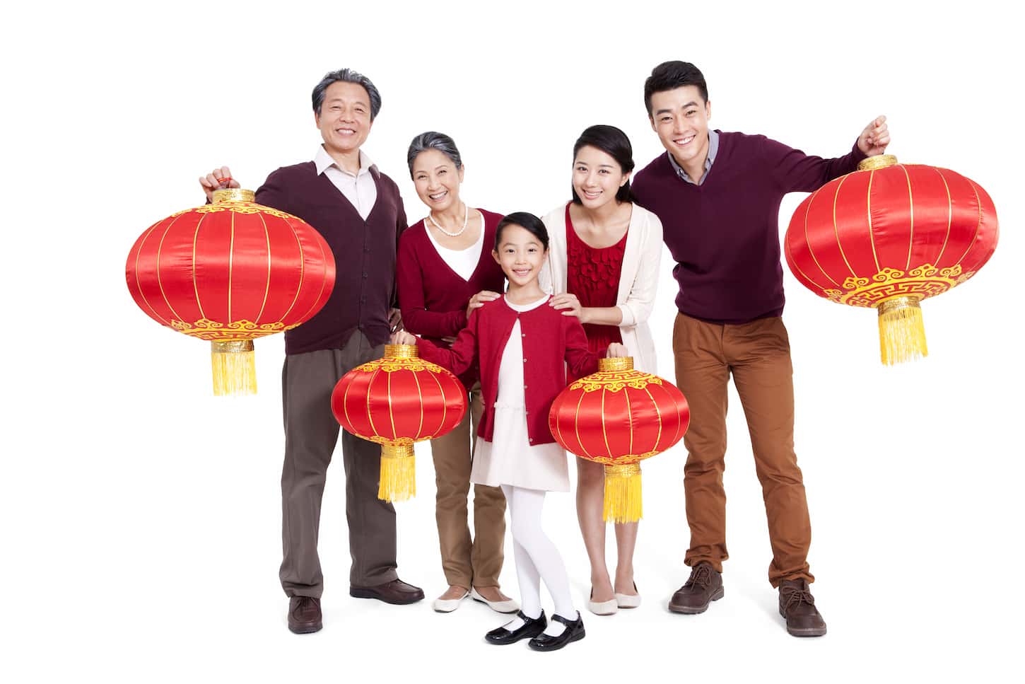 An image of a Chinese family with Chinese lanterns.